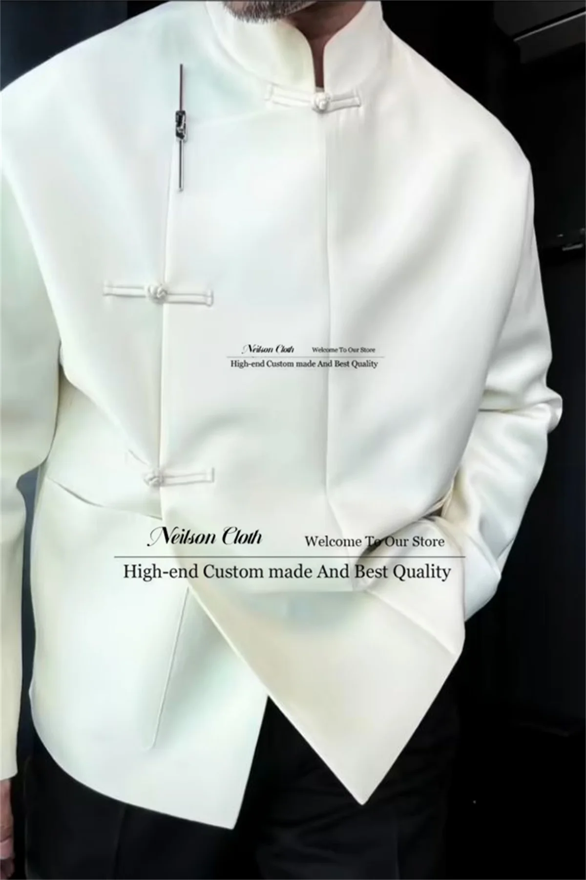 

White Jacket Male Prom Blazers 2 Pcs Sets Stand Collar Groom Wedding Tuxedos Black Pants Slim Fit Customized Terno Masculino