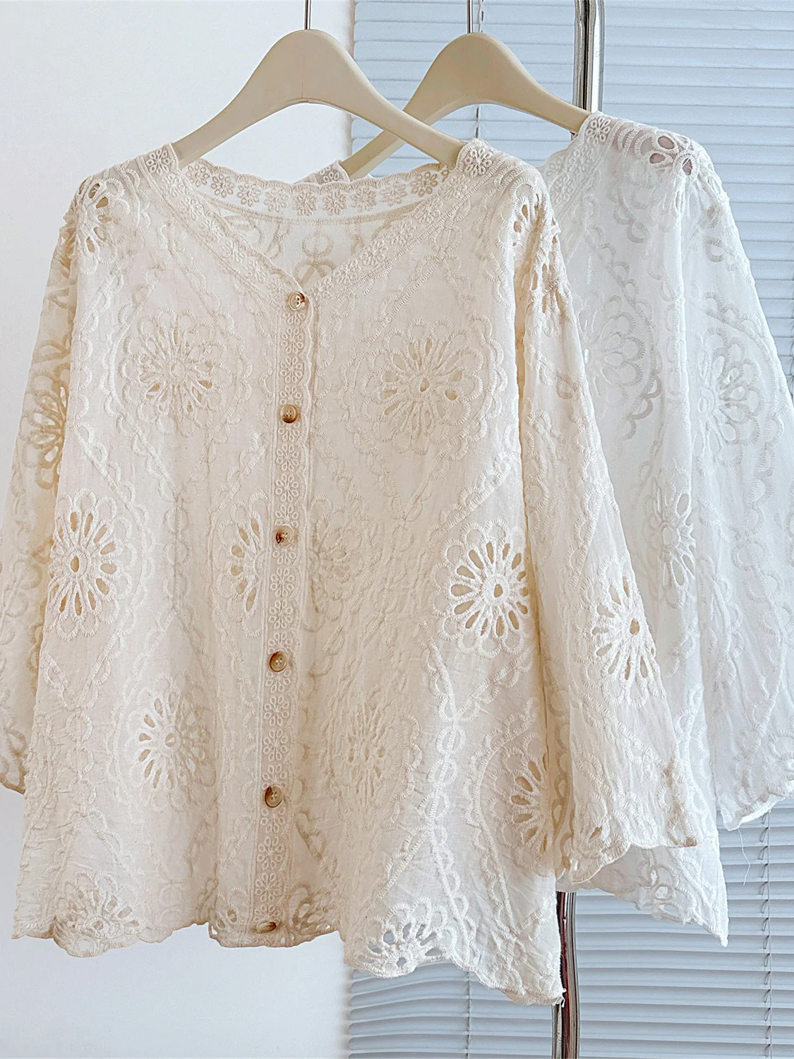 

Summer 2026 New Style Hollow Embroidery Pure Color Women's plus Size Shirt Nine Sleeve Button V-neck Casual Sun Protection Op...