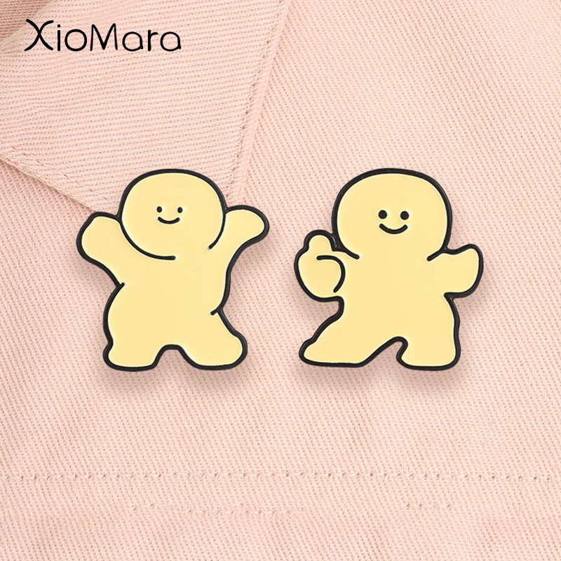 Cartoon Minimalist Characters Enamel Pins Funny Hug Gesture Smiling Golden Man Brooches Lapel Badge Jewelry Gifts for Friends