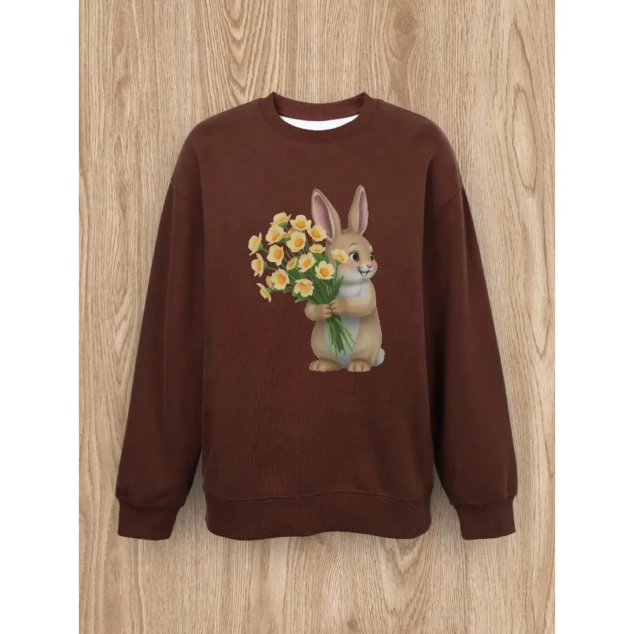 

Женский базовый повседневный пуловер с длинным рукавом и круглым вырезом, весенне-осенний принт, букет кролика