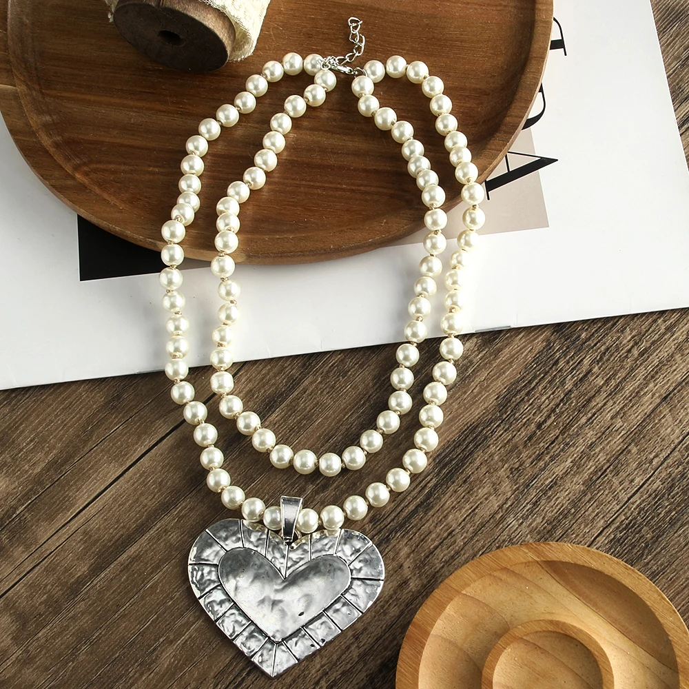 New Fashion Bohemian Women Jewelry 2 Layer Imitation Pearl Knotted Necklace Big Heart Star Alloy Pendant Necklace Women Gift