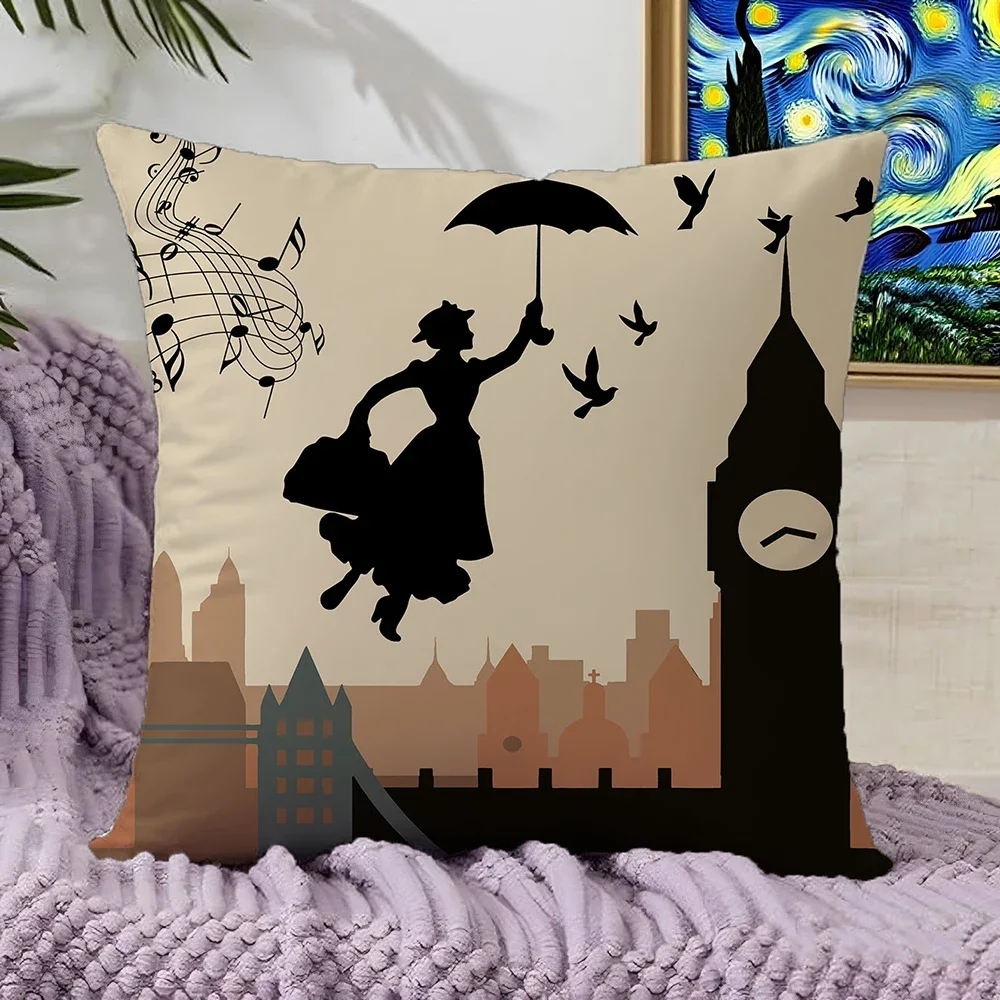 1Pc Mary Poppins Silhouette Cushion Cover Beige London Skyline Musical Notes Pillowcase Living Room Sofa Bed Decorative Throw Ca