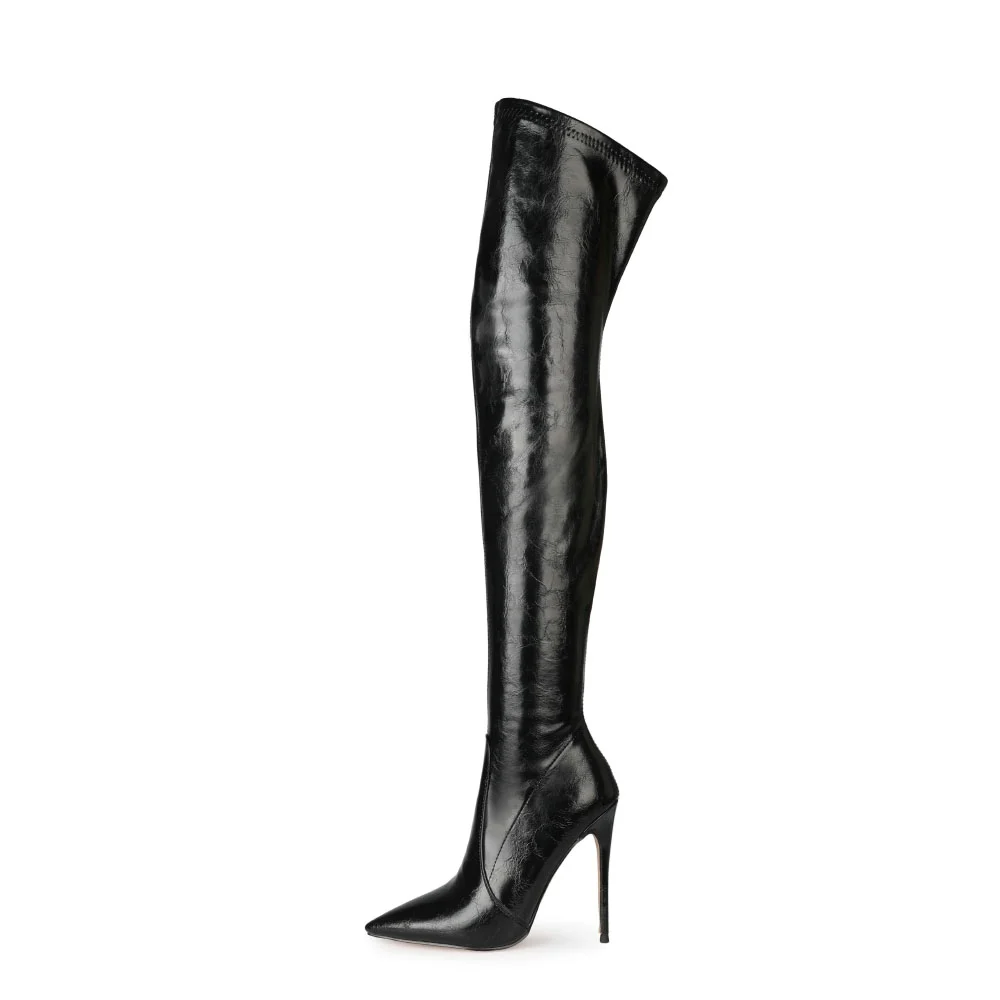 Arden Furtado 2024 black boots for women Pointed toe high heel stretchy boots Side zipper Stilettos heels Over the knee boots