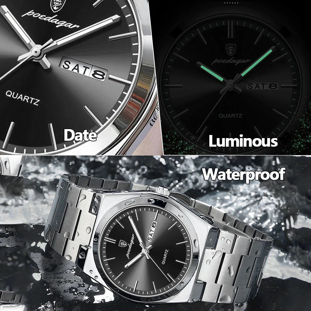 POEDAGAR Fashion ساعات رجالية بسيطة الاتجاه الأصلي كوارتز ساعة للرجل مقاوم للماء الفولاذ المقاوم للصدأ ساعة اليد تاريخ مضيئة