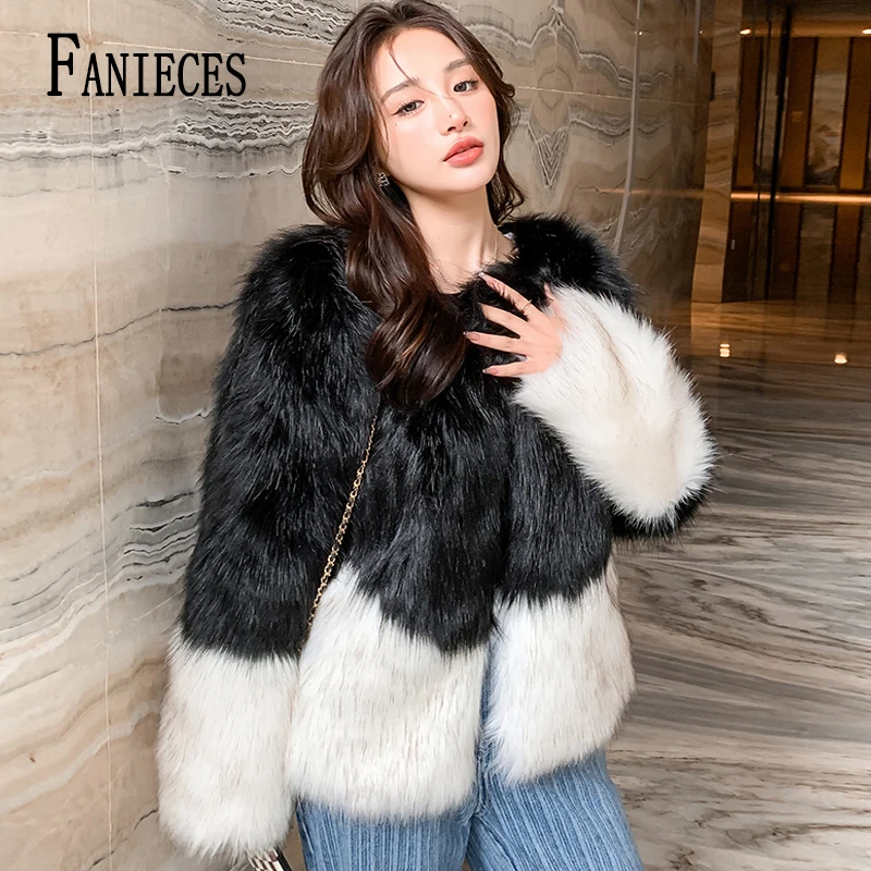 FANIECES Winter Warm Faux Fur Coat Cardigan Tops Women O Neck Long Sleeve Fur Jacket Black White Patchwork Feather Overwear 코트