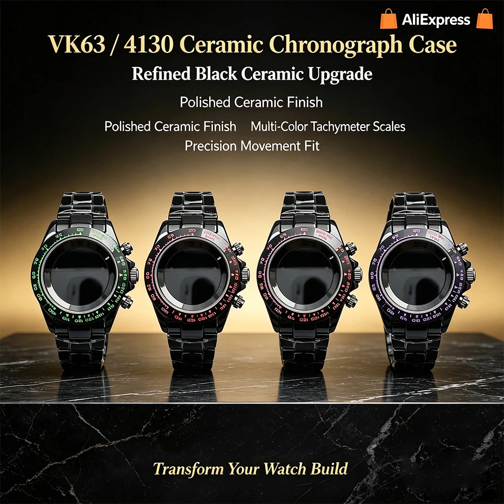 vk63/4130 Black Ceramic Watch Case Assembly Ceramic Bezel Compatible With VK63 / 4130 Chronograph Movement DIY Mod Accessory