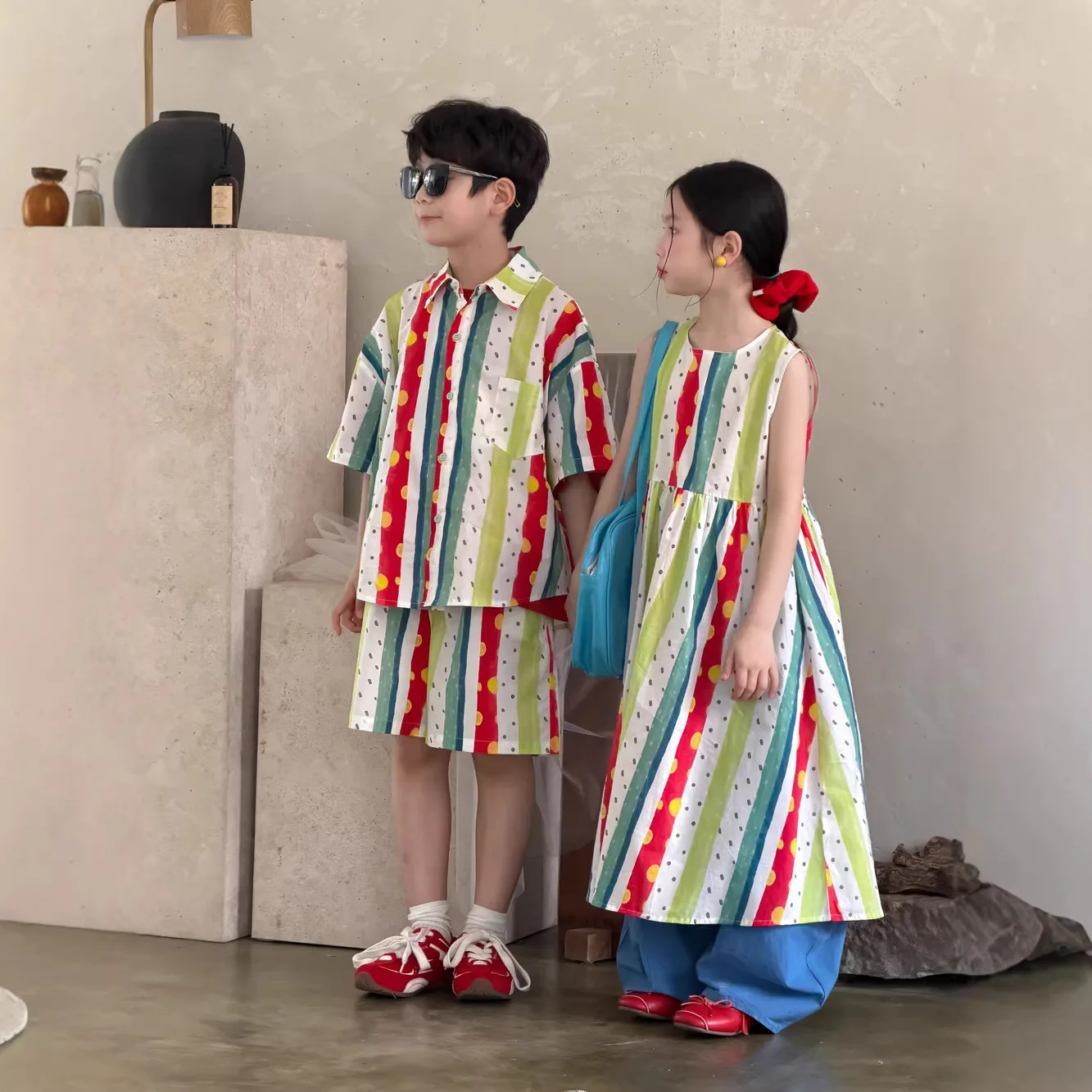 Children Clothes Set Summer 2026 Korean-style Vertical Striped Color Sleeveless Dress Boys Shirt and Shorts Two Piece Set