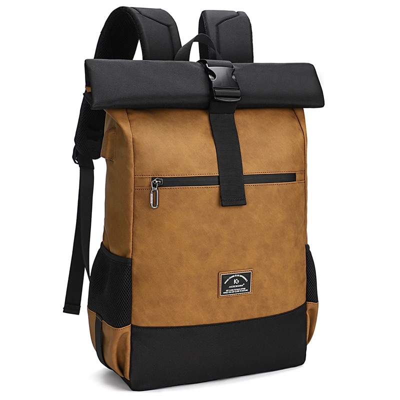 

Roll Top Travel Backpack Men Waterproof 16 in Laptop Backpack PU Leather Oxford School Bag with USB Port Large Hiking Daypack