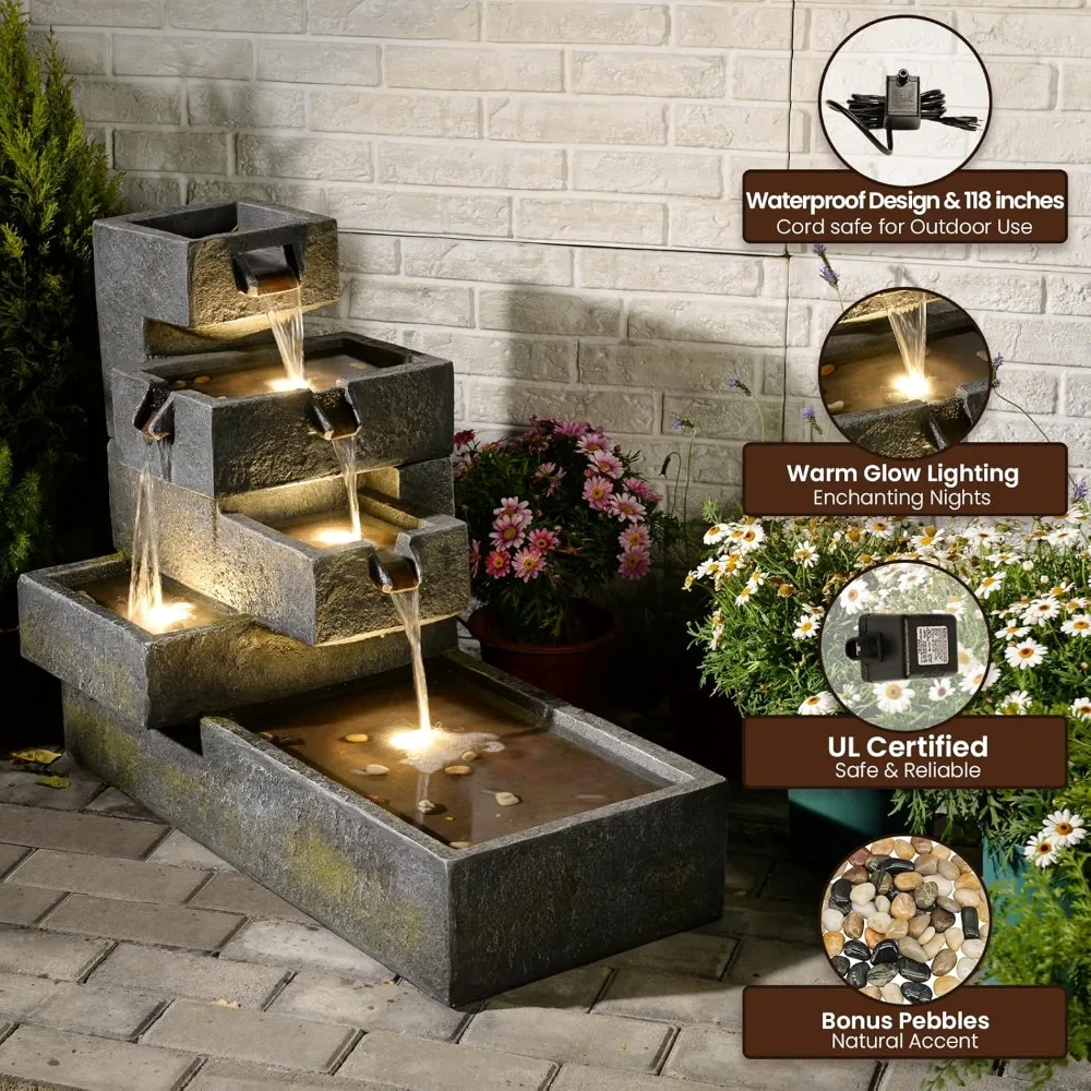 Fuente de agua para exteriores, cascada de jardín, fuentes escalonadas en  cascada independientes, función de agua con luces LED para Patio trasero P  / Utensilios de jardinería, image size:1000x1000