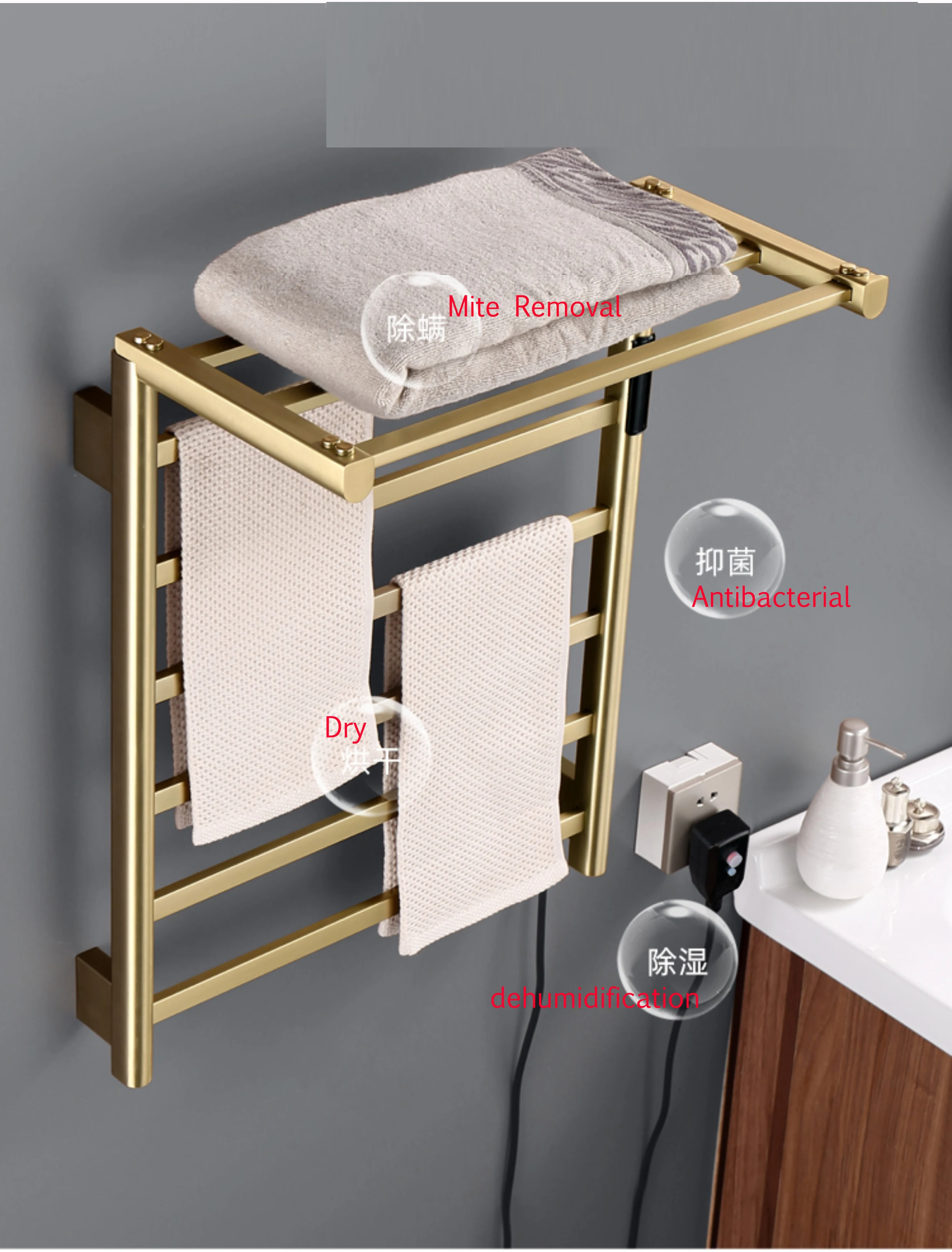 2024 Hot selling in Russia 110/220V Brushed Gold Folded Electric Towel Rack 304 Stainless Steel Towel Warmer Rack for Bathroom