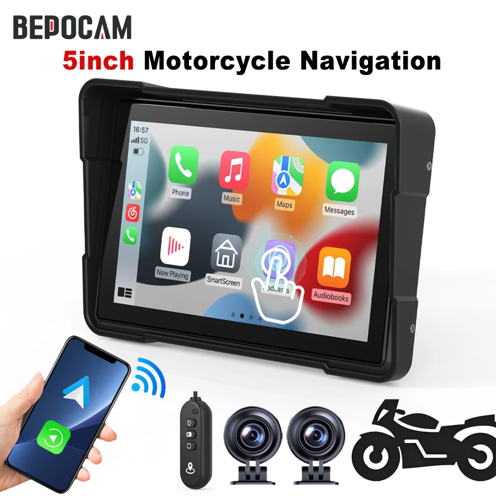 

BEPOCAM 5-дюймовый мотоциклетный видеорегистратор с GPS-навигацией, беспроводной CarPlay Android Auto, мультимедийный плеер, IPX7, водонепроницаемый сенсорный экран для мотоцикла