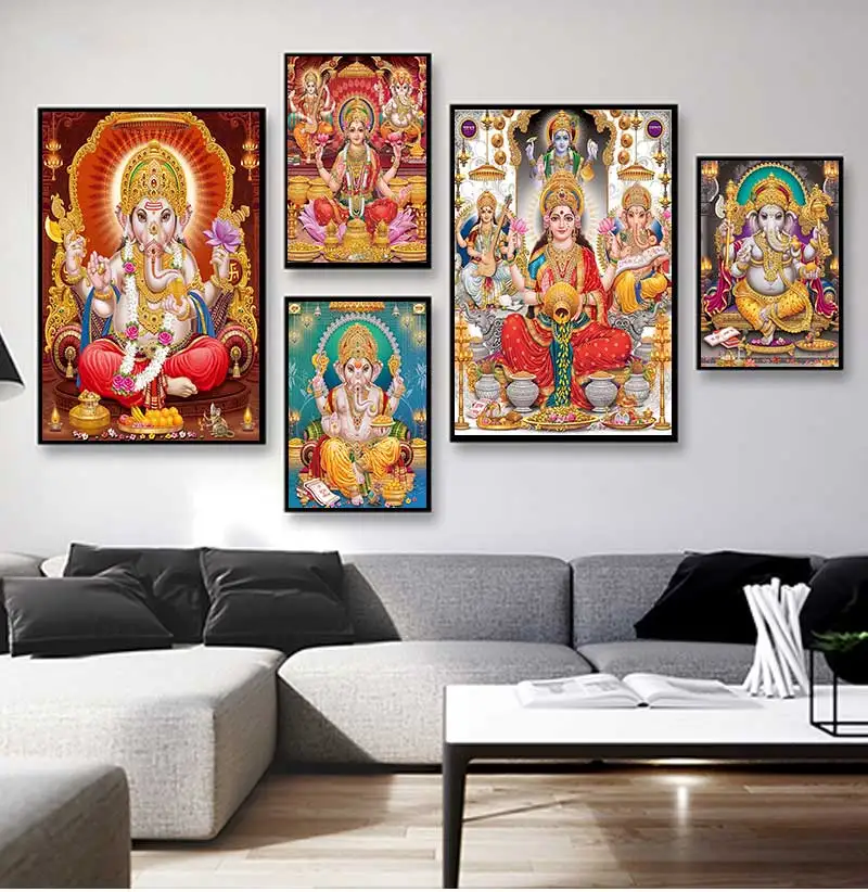 India Hindu Golden Ganesha Temple Poster Shiva Parvati Painting Canvas Prints Elephant God Religion Picture Room Hoom Wall Decor