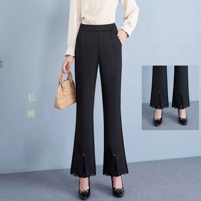 Verão estiramento-flare calças de cintura alta cintura alta perna larga rendas calças retas preto casual feminino