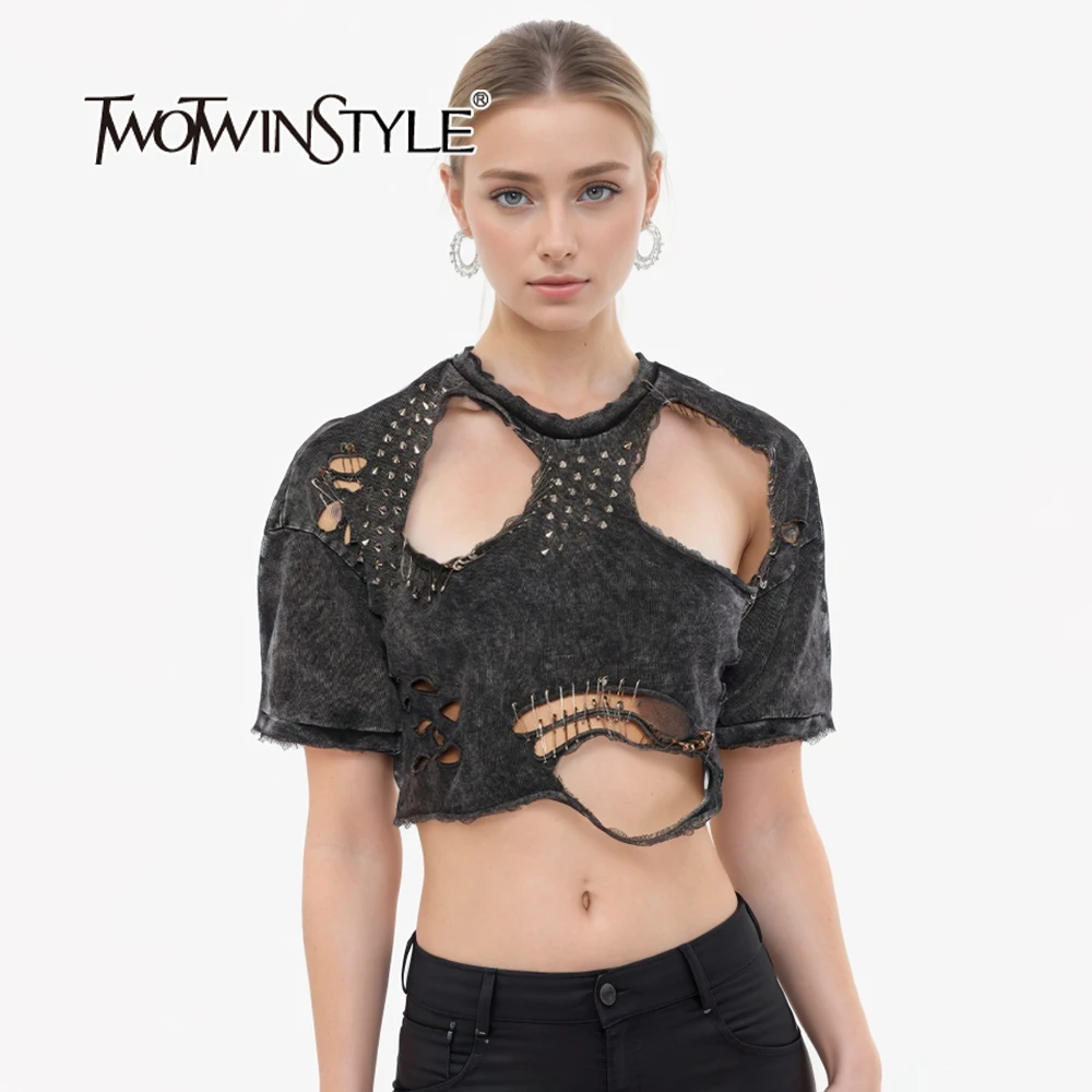 

TWOTWINSTYLE Solid Designer T Shirts For Women Round Neck Short Sleeve Patchwork Metal Buckle Hollow Out Loose Shirts Female New