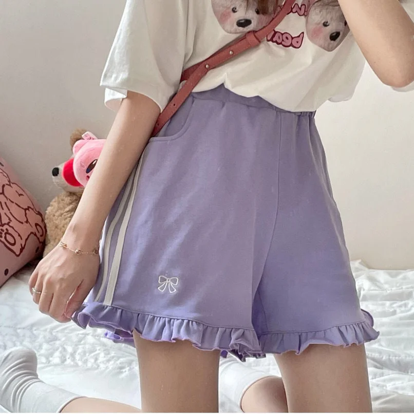 Kawaii Streetwear Bow Embroidery Elastic High Waist Wide Letg Shorts Women Summer Lolita Sweet Cute Ruffle Shorts Femme