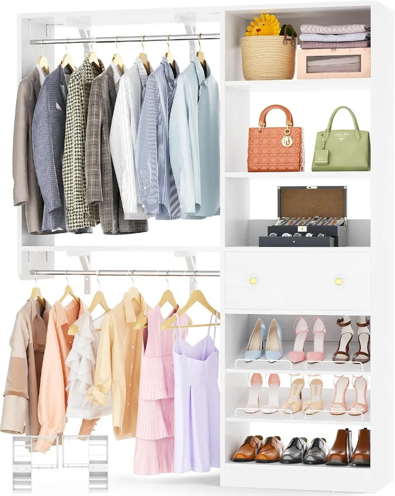 Closet System with Drawer - Reversible 5FT Wood Closet Organizer System with 2 Hanging Rods and Adjustable Shelf, Walk In Closet