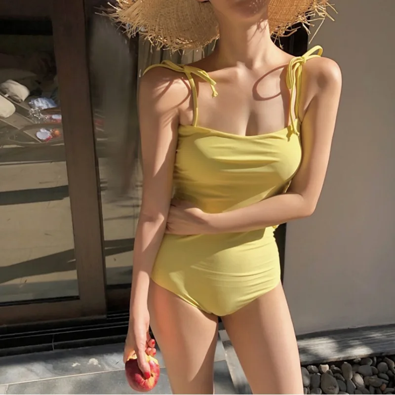 Korean Style One Piece Swimwear Solid Yellow Tie Shoulder Swimsuit Women Bathing Suit Sexy Monokini Pool Beach Wear 2024 New