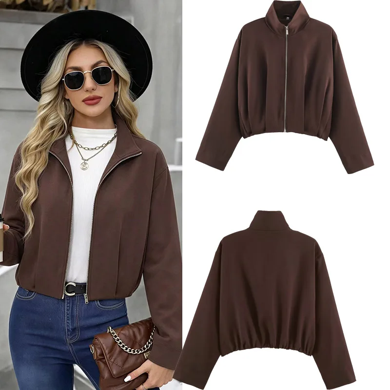 Women's Stand Collar Long Sleeve Pilot Jacket Casual Short Outerwear Autumn Winter Fashion Zipper Coat Female 2026 New