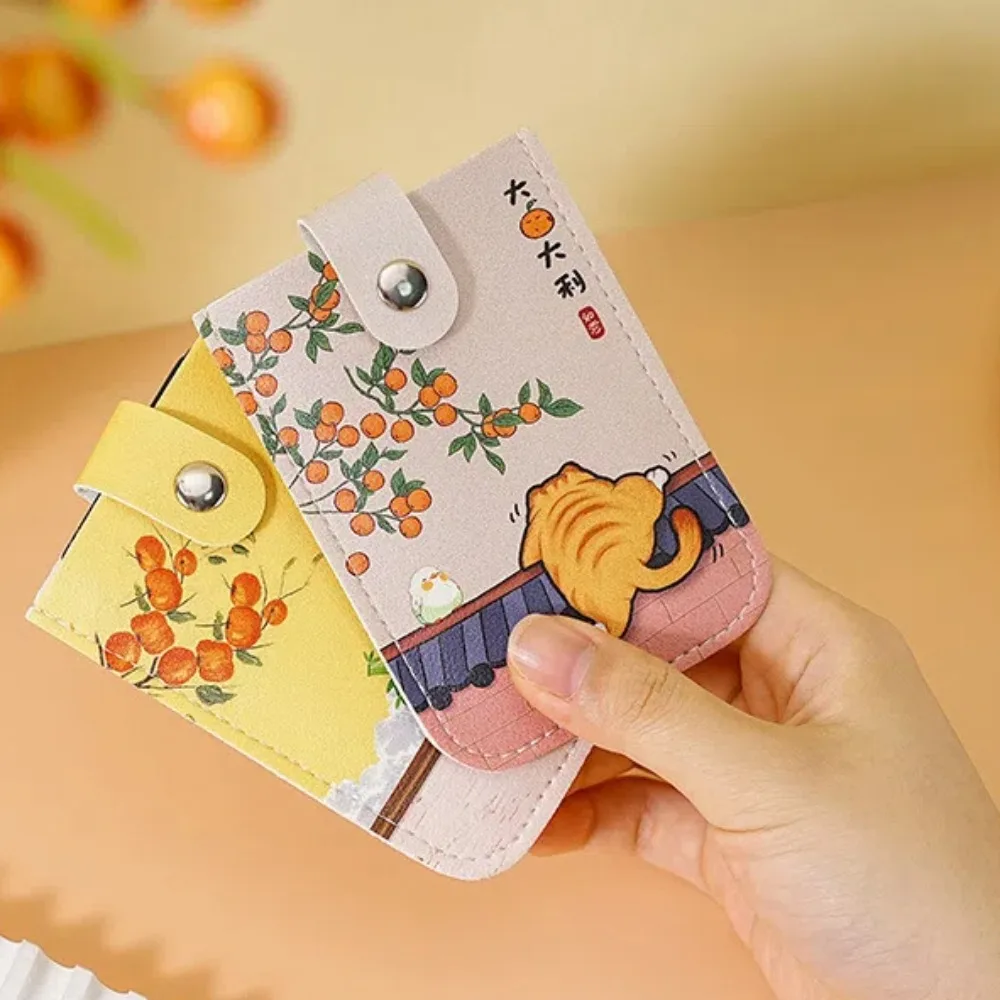 PU Leather Pull Out ID Cards Holder Waterproof Pouch Hasp Multi-Slot Card Bag Cat Printed Persimmon Pattern