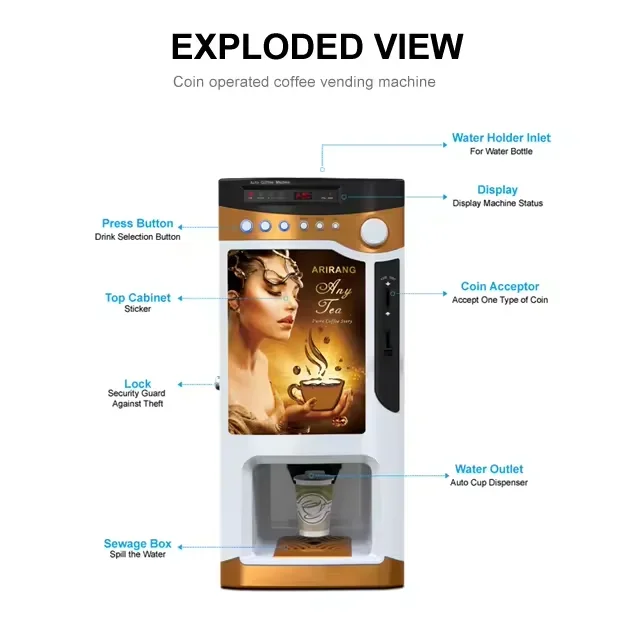 Commercial Smart 3 Flavor Hot Cappuccino Latte Coffee Maker Instant Coffee Vending Machine With Coin Operated Payment