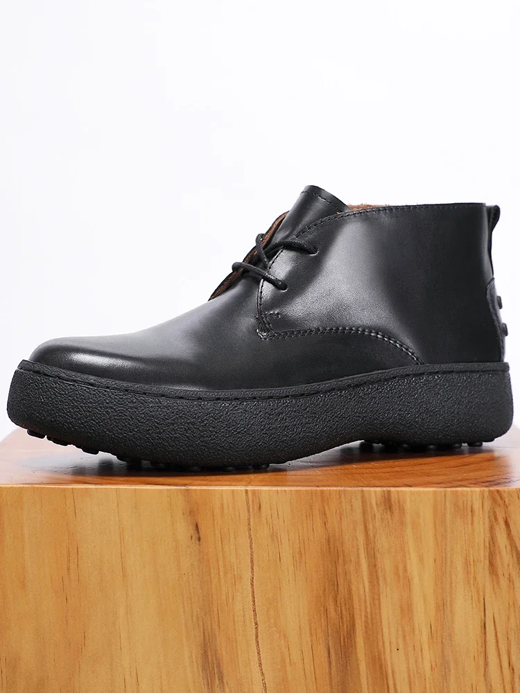 

2024 Spring New Men's Casual Shoes Genuine Leather Thick Sole Round Toe Lacing High Top Shoes