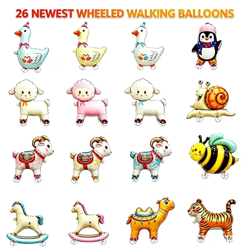New Walking Animal Foil Balloon with Wheels Reusable Self Sealing Cartoon Film Balloon Kids Birthday Baby Shower Party Decor