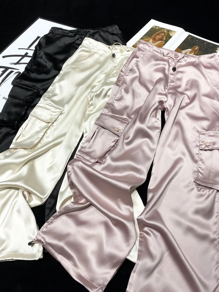 

2023 Luxury Silk Gorpcore Solid Pink Drawstring Fluid Baggy Cargo Pants Women Black Beige Gray Streetwear Y2K Trousers Bottoms