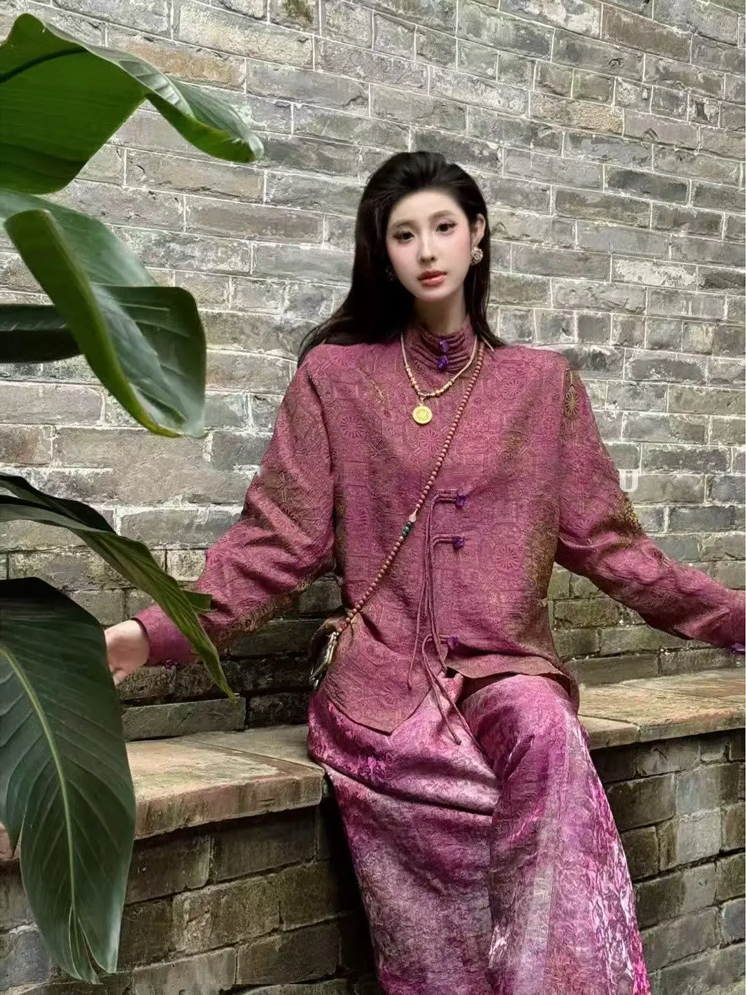 Spring New Rayon Jacquard Fabric Stand up Collar Handmade Tassel Buckle Design Retro Women's Shirt S-XL