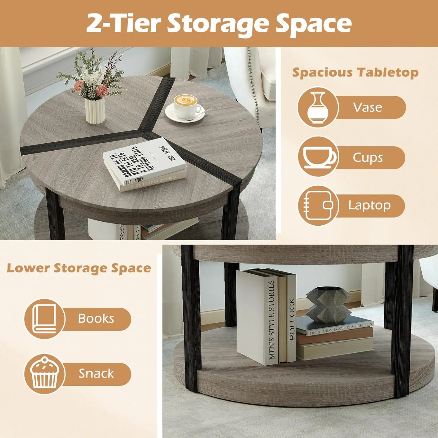 Round Coffee Table, 34.5 Mid Century Modern Circle Cocktail Accent Table with Open Storage Shelf & Rubber Wood Frame, 2