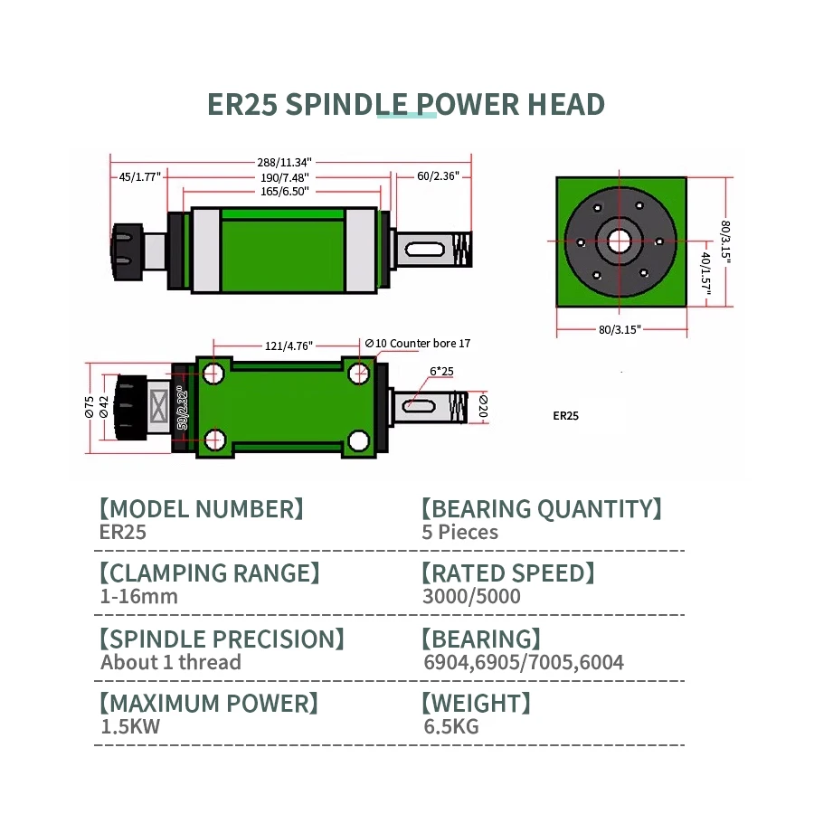 ER20/ER25/ER32 Power Head Lathe Spindle Head Boring Milling Grinding Head Cutting Head Milling Groove Drilling Tapping