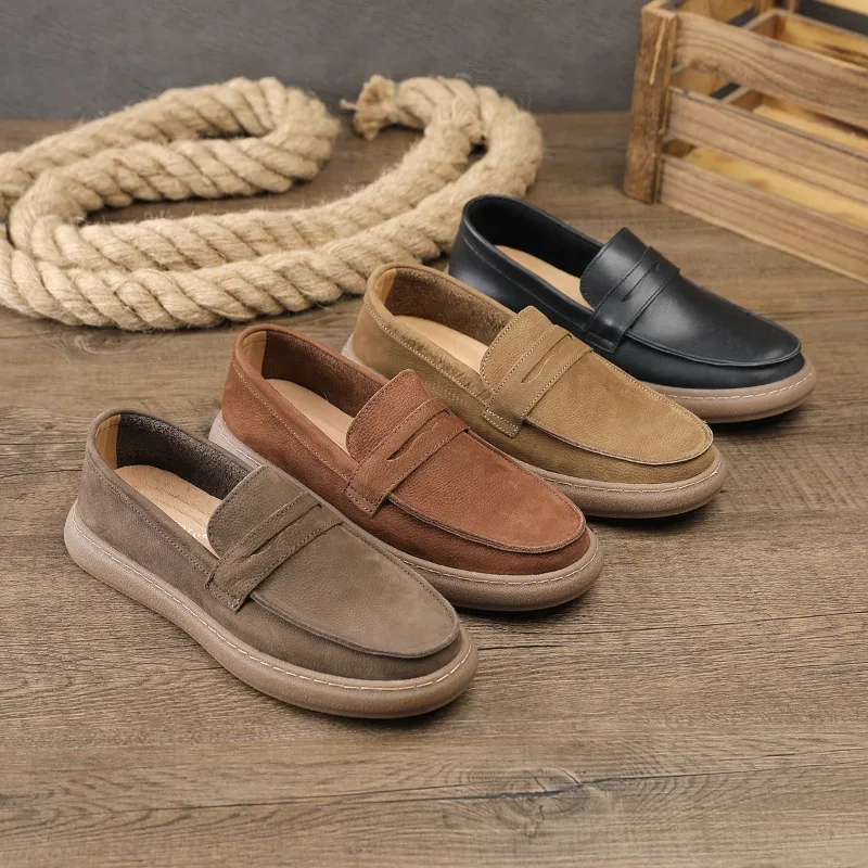 

High Quality Men's Casual Leather Shoes 2026 Designer Loafers Men Thick Soled Round Toe Trendy Men's Shoes Suede Leather Loafers