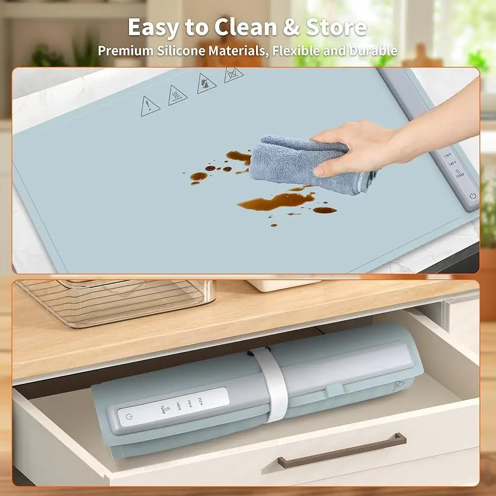 Electric Food Warming Mat Silicone Heating Pad Portable Fast Heating 3 Temperature Levels Non-Slip Rollable Food Warmer Tray