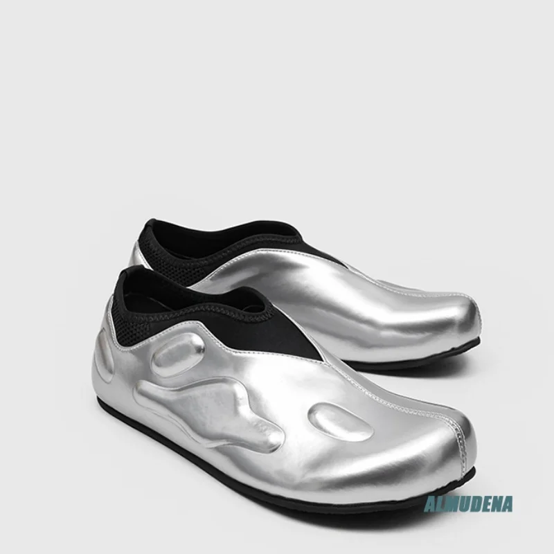 Silver Metallic Men's Casual Slip-On Shoes Round Toe Low Top Streetwear Outdoor Minimalist Fashion Comfortable Daily Work Shoes