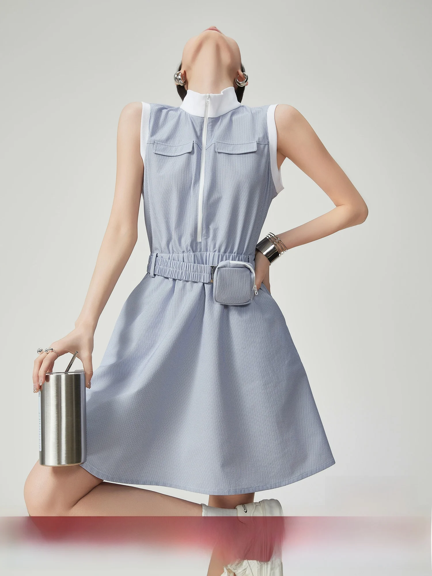 Vestido Casual de Golf sin Mangas a Rayas Azules y Blancas para Mujer, Largo Medio, Único y Hermoso, con Cintura Ajustada, Fa...