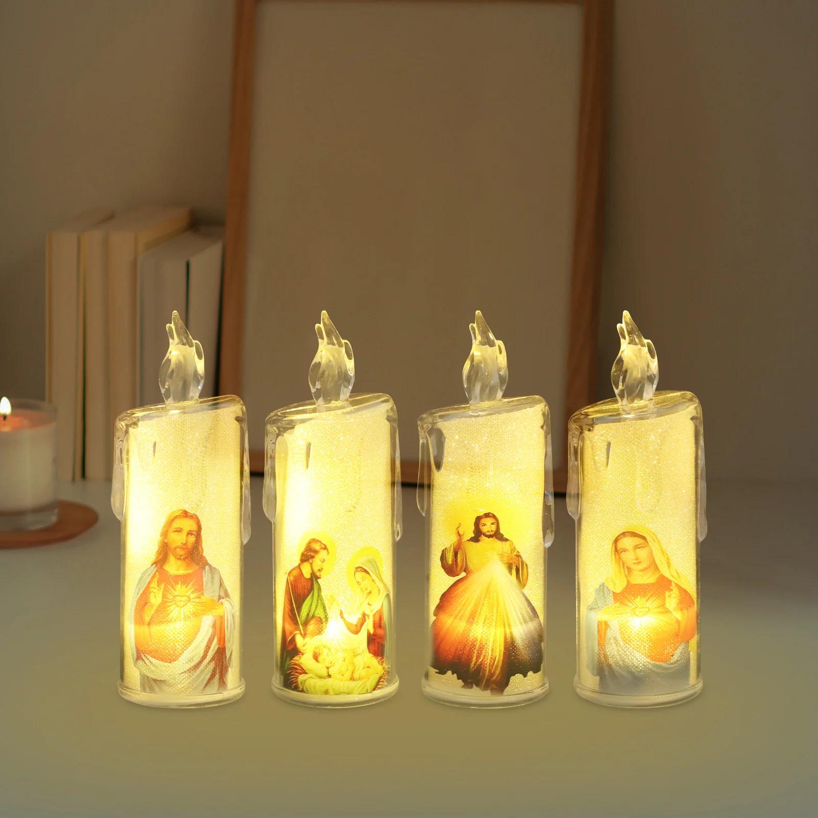 

4 Pcs Jesus Lantern Candelabras Prayer Candles Lamp Religious Party LED Wax Favor Flameless Holy Night Plastic