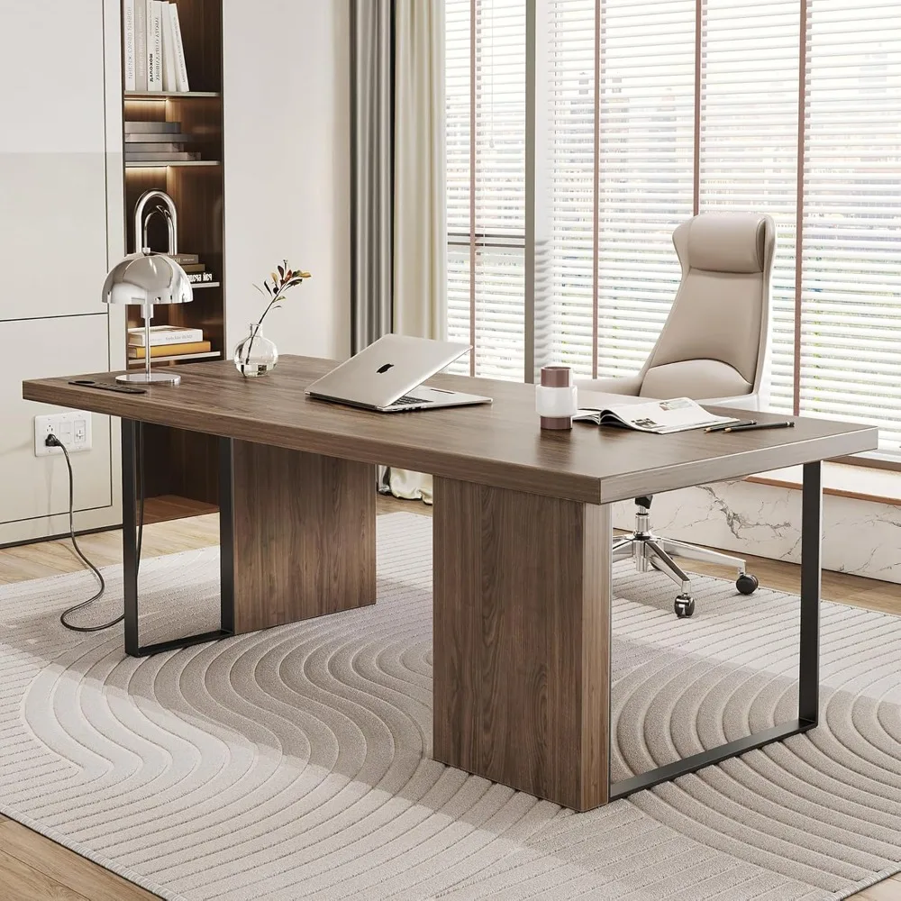 

60-дюймовый современный стол, деревянный компьютерный стол для руководителя со встроенной розеткой и большой настольной рабочей станцией, шпилька для письменного стола