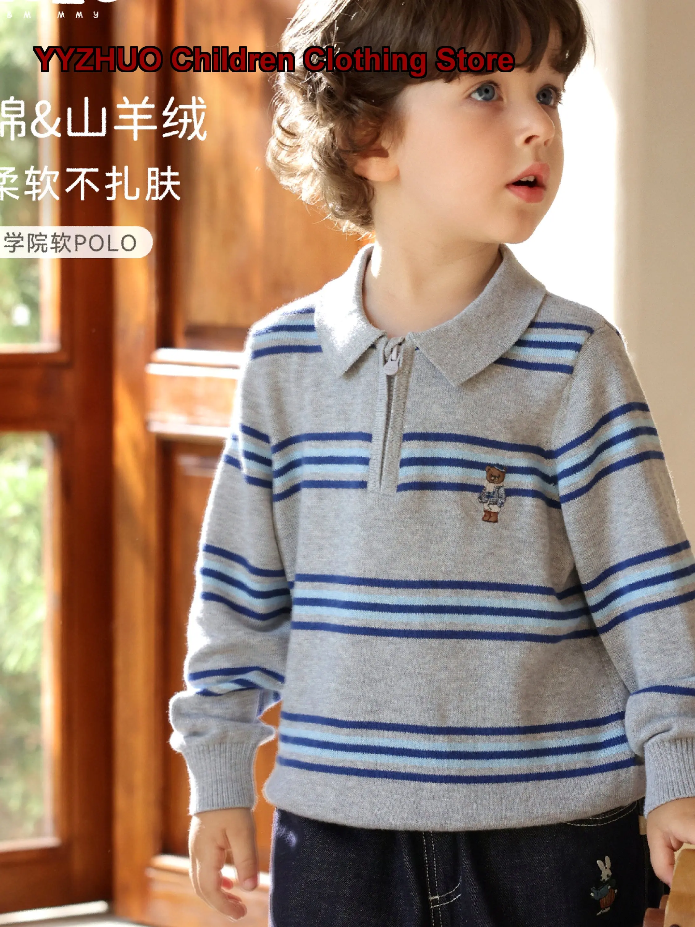 Boys Pullover Sweater ZOZO&MOMMY Grey Blue Striped Long Sleeves Soft Breathable Cotton Knit Top Gentleman Style Toddler