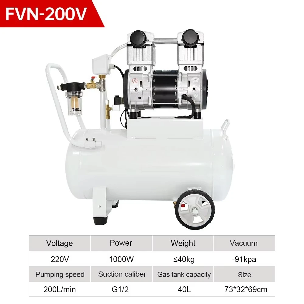 ชุดปั๊มสุญญากาศไร้น้ำมัน 200 ลิตร/นาที -91 กิโลปาสคาล 220 โวลต์ 1000 วัตต์ ปั๊มลมอุตสาหกรรม หัวปั๊มลมพร้อมถังเก็บลม 40 ลิตร