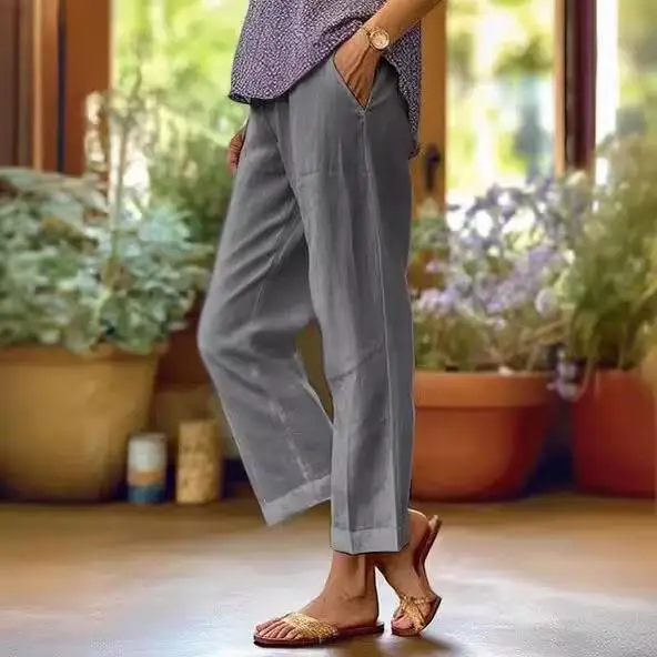 Casual Cotton Linen Loose Elastic Waist Pocket Straight Leg Casual Pants Women's Fashion Independent Station Cross-Border