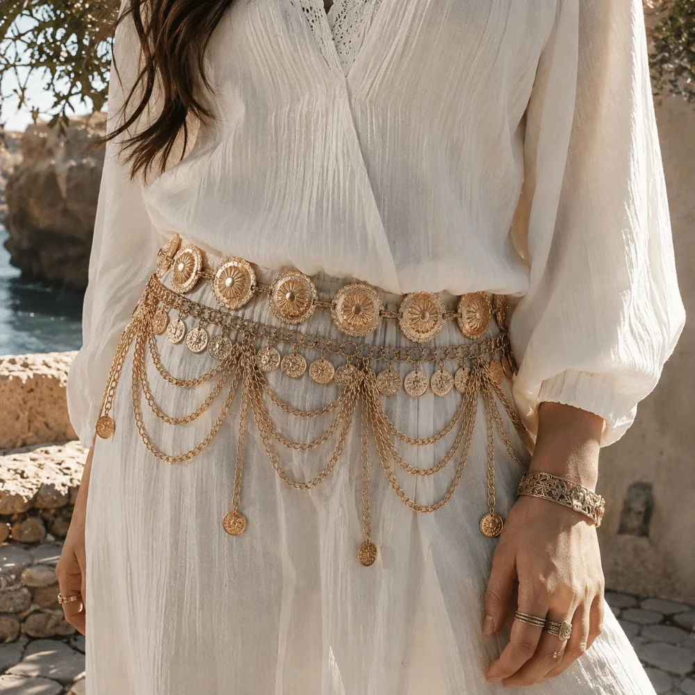 Bohemian Hollow Out Multi Layer Waist Chain Elegant Shiny Fringe Belt Tassel Delicate Dance Accessories Belly Dance