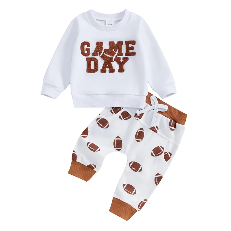 Baby Boy 2Pcs Football Outfit Long Sleeve Letter Embroidery Sweatshirt Trousers Set Toddler Clothes