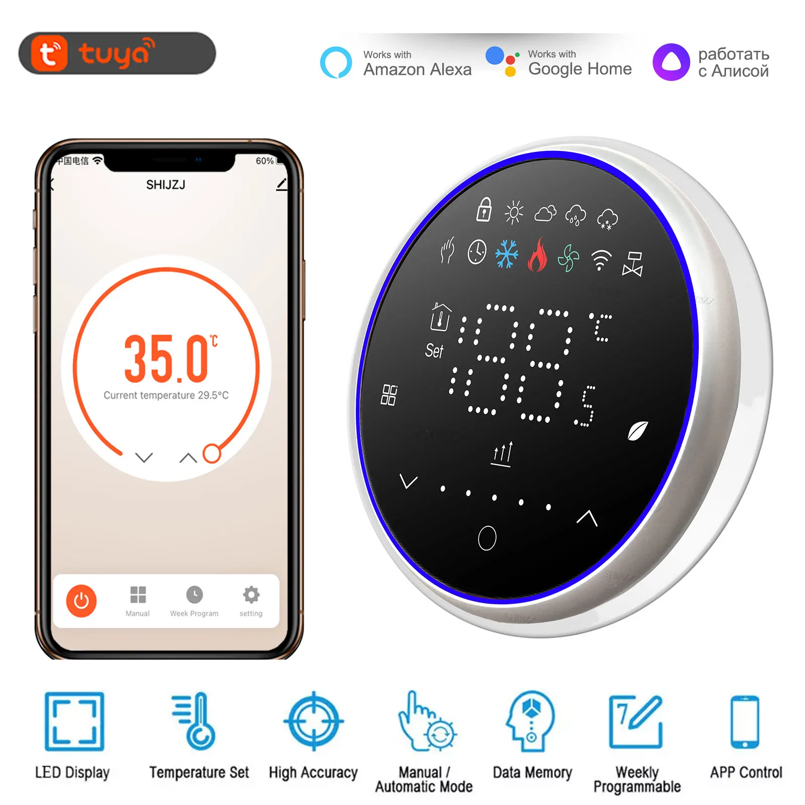 Termostato Tuya Smart Wifi para aquecimento de piso, aquecimento de água e caldeira a gás, termorregulador com tela sensível ao toque em LED colorido e controle remoto compatível com Alice, Alexa e Google.