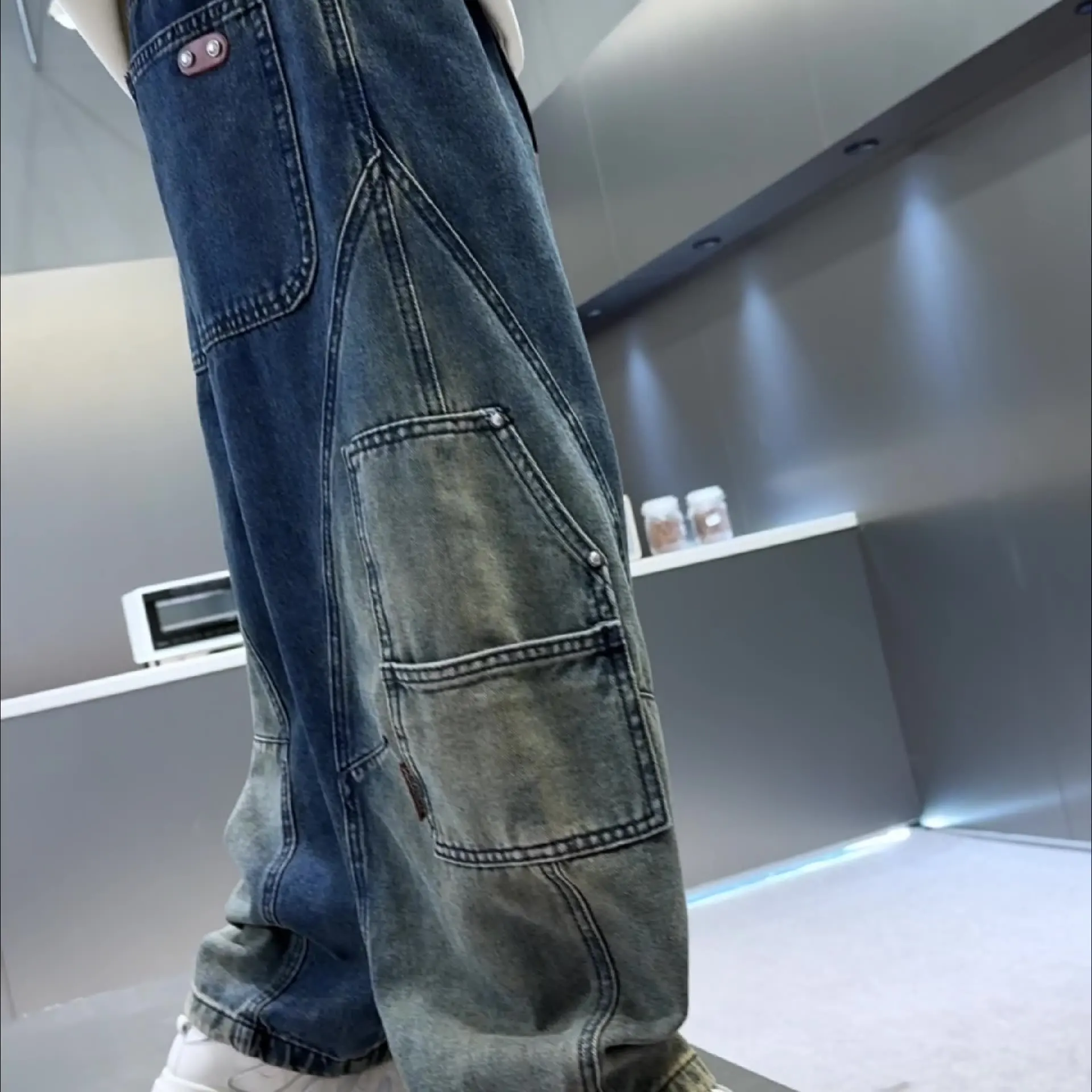 Teenager Boys Hip-Hop Harajuku Retro High Street Gradient Jeans for Kids Child Fashion Baggy Blue Denim Pants Casual Trousers