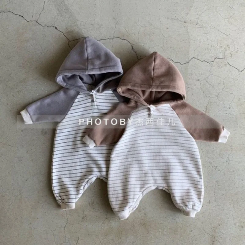 Baby Korean Striped Climbing Clothes 2025 Autumn New Men and Women Treasure Fashion Casual Hooded Long-sleeved Onesie
