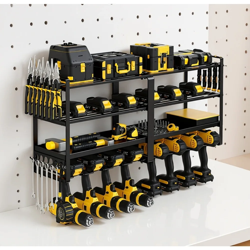 

Большой настенный органайзер для электроинструментов, 4-уровневая металлическая стойка для хранения с 8 держателями для дрелей