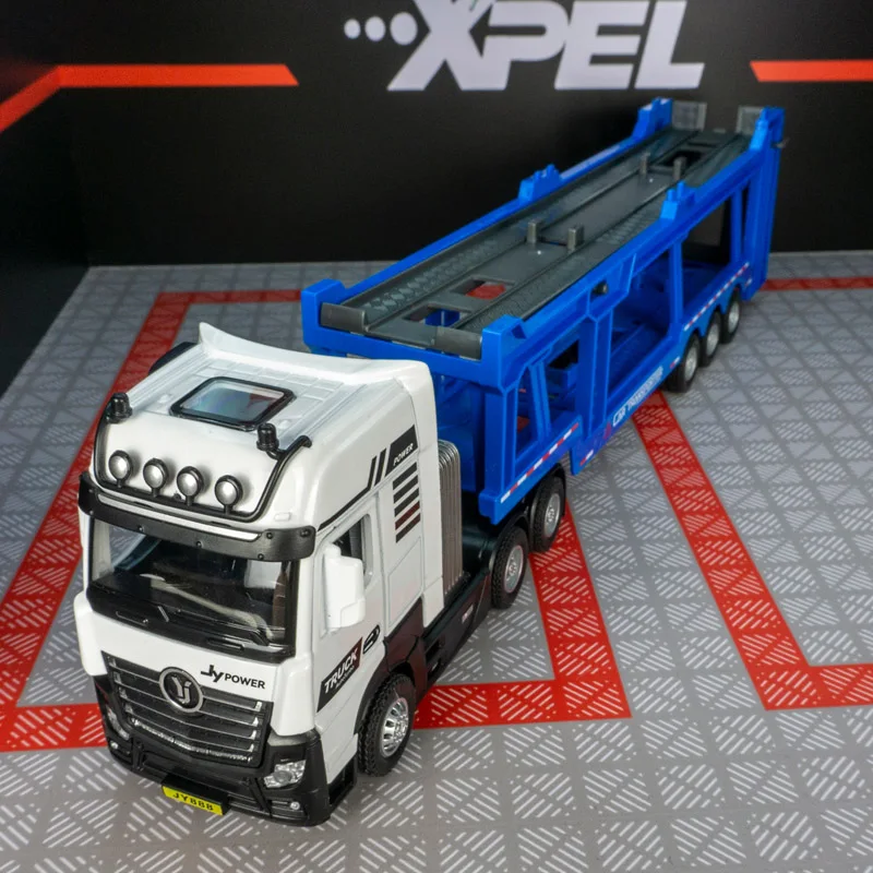 1:50 محاكاة الطريق الهندسي شاحنة نقل ذات طابقين سبيكة نموذج سيارة مقطورة مع 4 سيارات غنية بالتفاصيل، مصنوعة بدقة