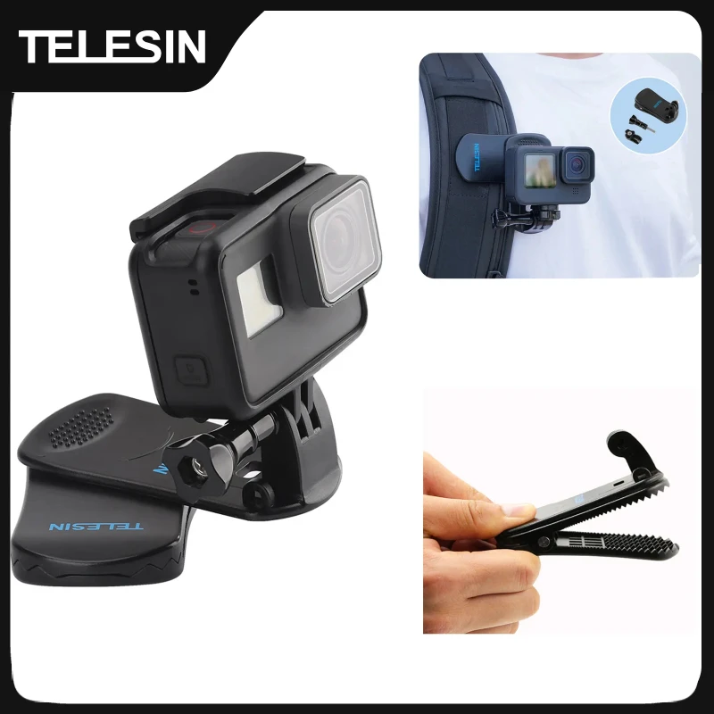 TELESIN 360 Degree Rotation Backpack Clip Clamp Mount for GoPro Hero 13 12 11 10 9 8 7 6 5 Insta360 SJCAM Osmo For Action Camera