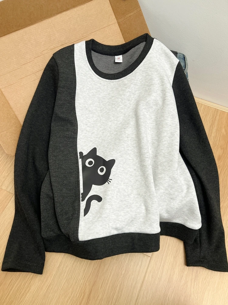 

Cartoon Color Block Design Long Sleeve Sweatshirt Women's Loose Fashionable Top Spring 2026 plus Size Comfortable Casual ...