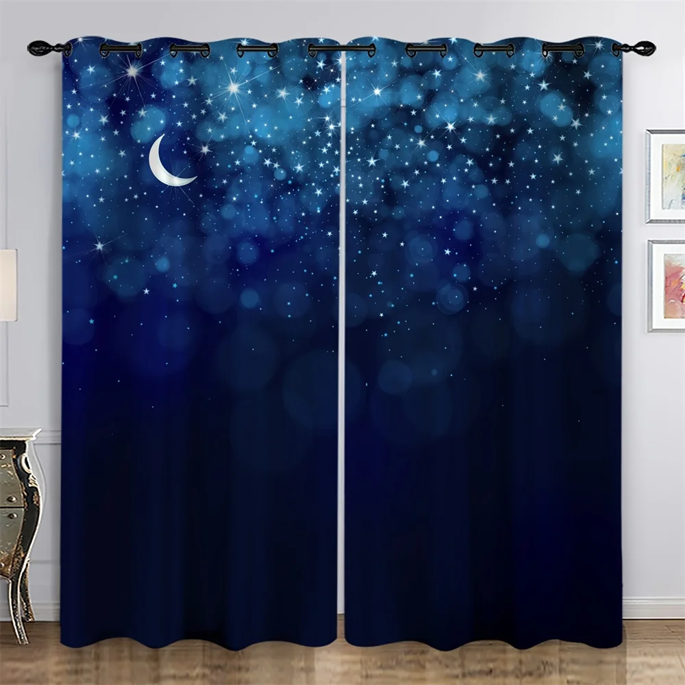 Blue Night Moon Cloud Galaxy Shine Stars Starry Window Curtain For Living Room Kids Bedroom Bathroom Kicthen Door Home Decor2Pcs