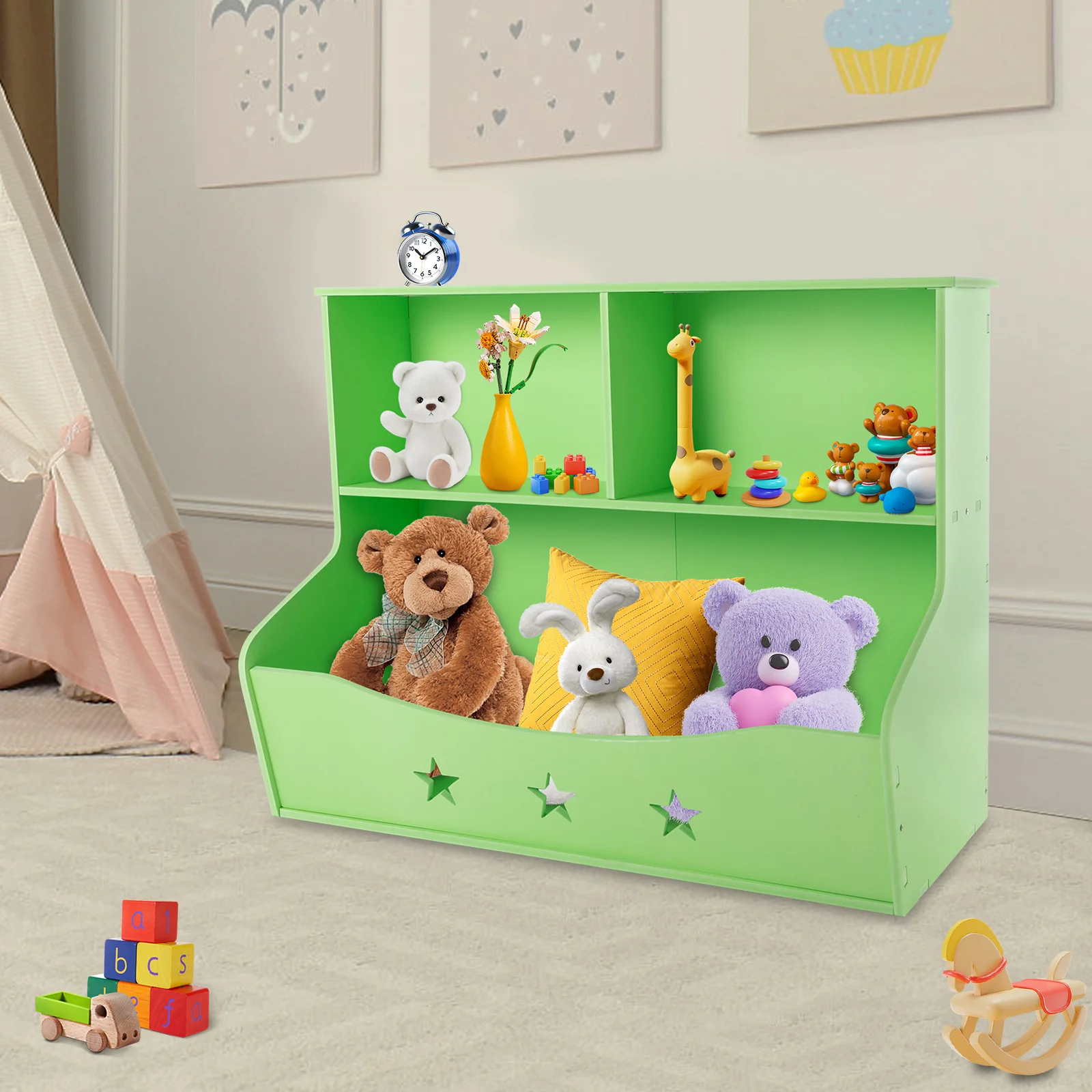 Libreria per bambini con contenitore portaoggetti, capacità di 110 libbre, altezza 24", ripiano in PVC verde chiaro per libri e giocattoli